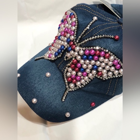 Denim red white pink pearl embellished rhinestone crystal butterfly baseball cap - Picture 3 of 14